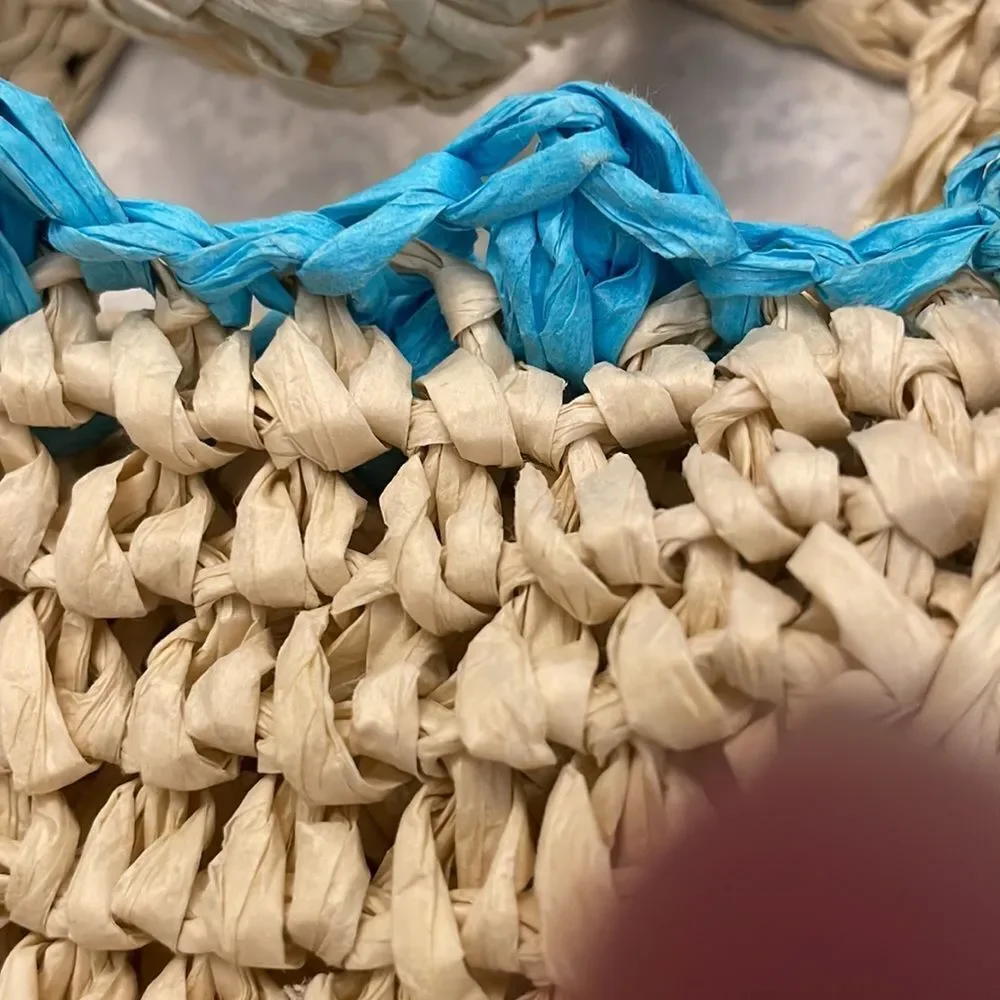 BTB Los Angeles LISBETH POMPOM STRAW TOTE IN AQUA OS NWT 148.00